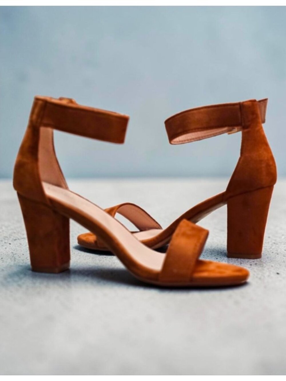 Tan Faux Suede Block Heel Sandals With Adjustable Ankle Strap Open Toe Design Wo - Picture 2 of 14